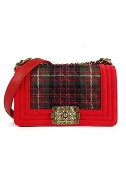 Chanel Boy Red Green Gold Tweed Velour Leather Plaid Shoulder Bag
